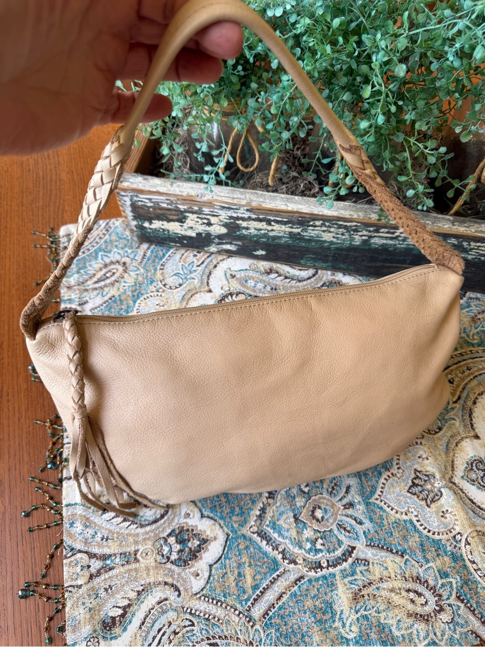 J. Jill Leather Shoulder Bag Braided Strap Tassel Cream Ivory Vintage